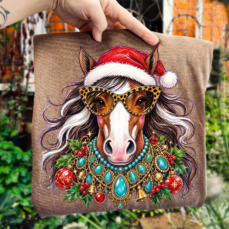Image of Christmas Horse PNG, Western Holiday Sublimation, Leopard Glasses Horse Digital Download