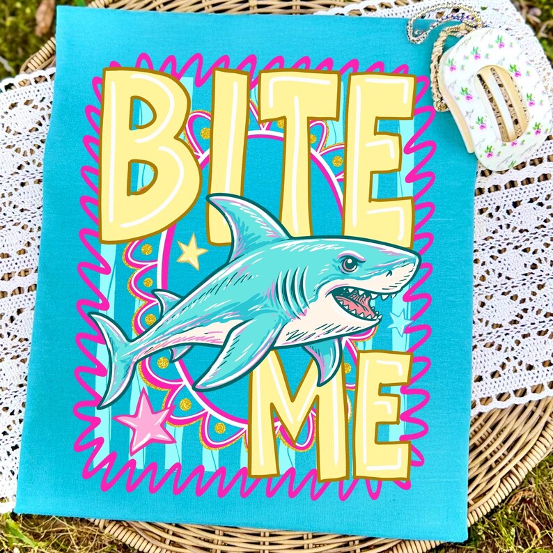 Bite Me Shark PNG Funny Summer Beach Design Coastal Striped Aesthetic Trendy Shark Graphic Sublimation DTF Digital File Preppy Summer Shirt image 8