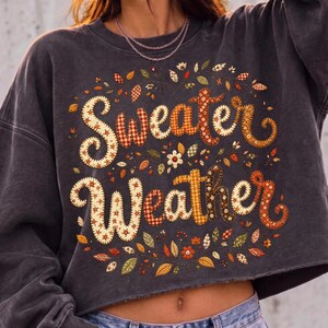 Pu&ograve; includere: Una felpa corta color grigio antracite con la scritta "Sweater Weather" in un carattere decorativo a motivi vari. Le lettere sono riempite con diverse stampe a tema autunnale, circondate da piccole illustrazioni di foglie e fiori colorati.