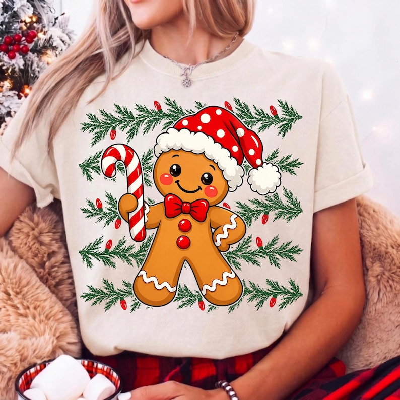 Puede incluir: Una camiseta de color crema con un gr&aacute;fico de un hombre de jengibre que lleva un gorro de Pap&aacute; Noel rojo con lunares blancos y una pajarita roja. El hombre de jengibre sostiene un bast&oacute;n de caramelo rojo y blanco sobre ramas de pino verdes.