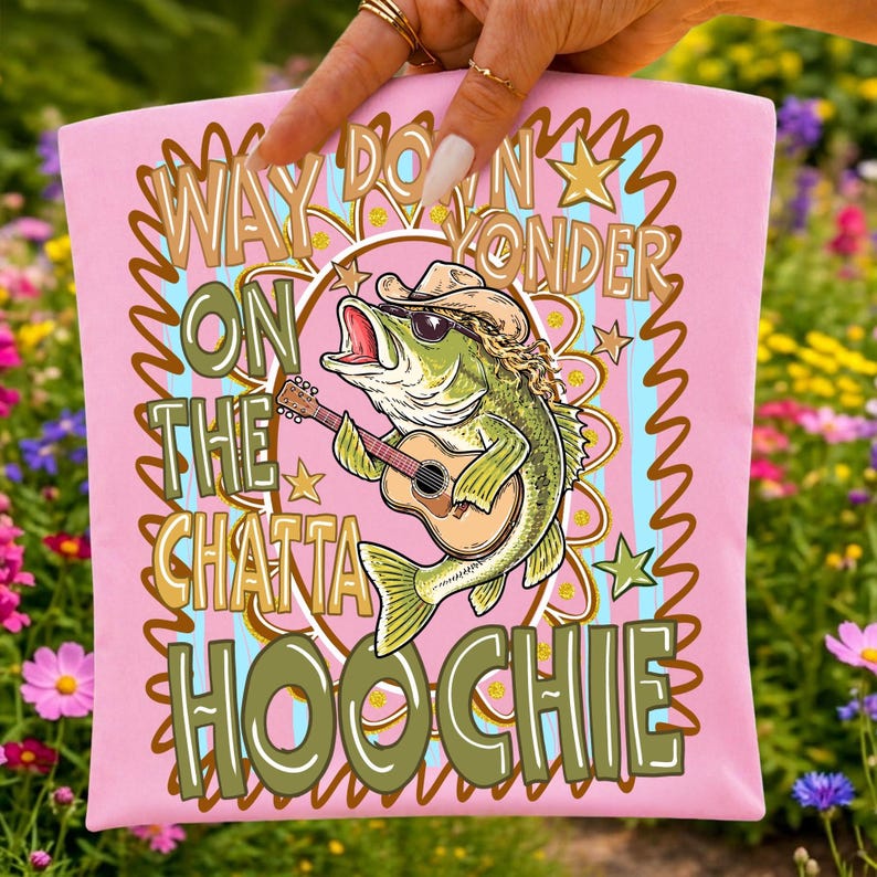 Close-up of the Bass Guitar Cartoon Fish design from the 90s Country Fishing PNG