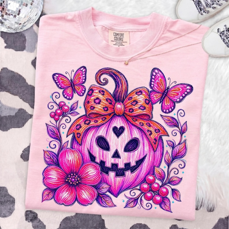 Pink Leopard Pumpkin PNG with Floral and Butterfly Accents