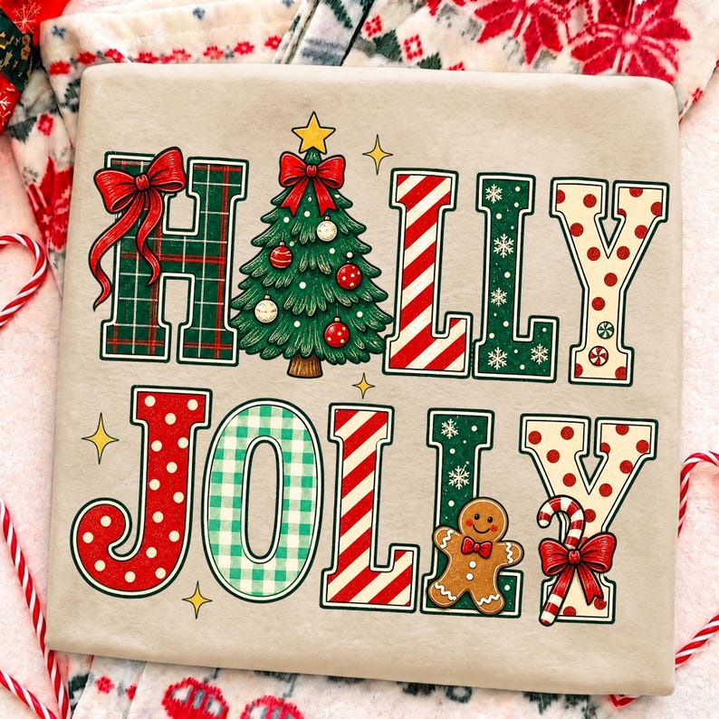 Image of Holly Jolly PNG, Christmas Tree Gingerbread Candy Cane Sublimation, Retro Plaid Holiday Shirt Design, Digital Download
