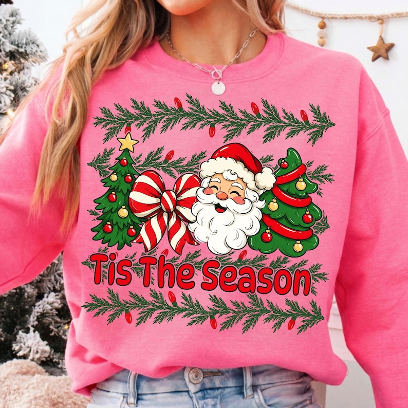 Image of Tis The Season PNG, Santa Christmas PNG, Coquette Bow Christmas Tree Sublimation, Holiday Shirt Design, Digital Download