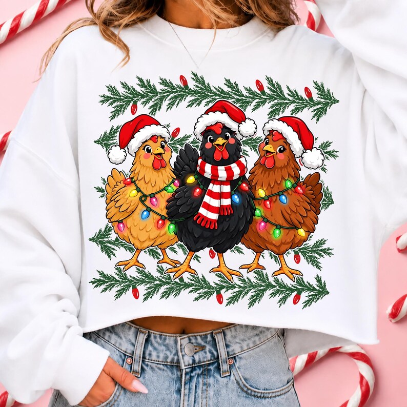 Puede incluir: Una sudadera blanca de manga larga con un estampado gr&aacute;fico de tres pollos con gorros de Pap&aacute; Noel rojos y blancos. Los pollos est&aacute;n envueltos en luces de Navidad de colores y el pollo central lleva una bufanda a rayas rojas y blancas.