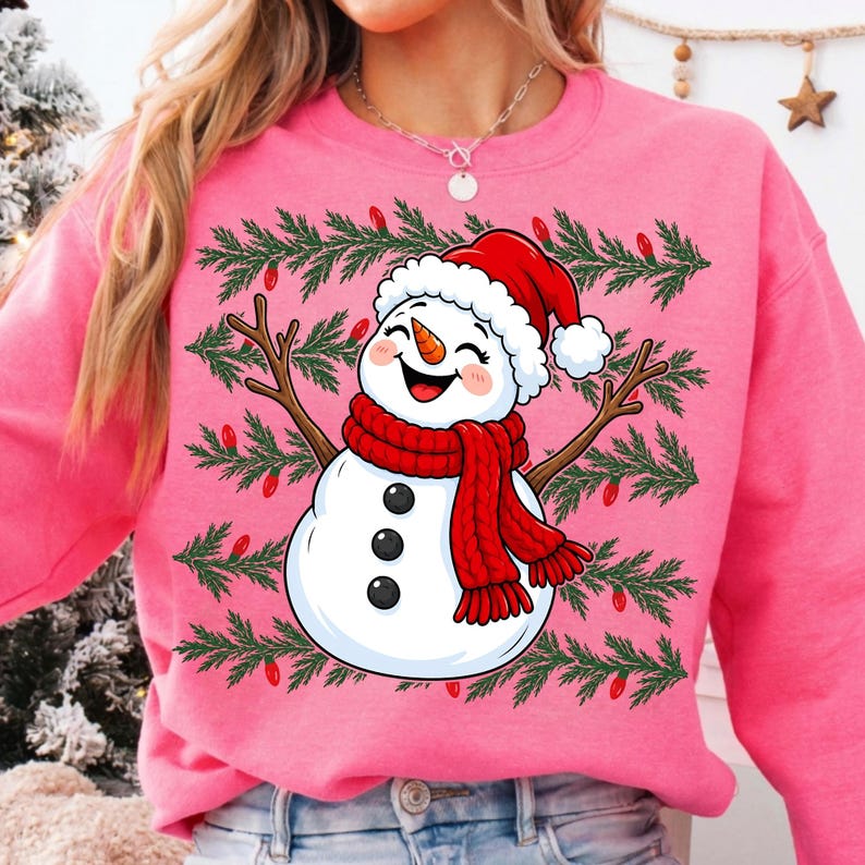 Image of Christmas Snowman PNG 300 DPI, Cute Santa Hat Snowman Sublimation, Winter Holiday Shirt Design, Digital Download