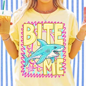 Bite Me Shark PNG Funny Summer Beach Design Coastal Striped Aesthetic Trendy Shark Graphic Sublimation DTF Digital File Preppy Summer Shirt image 2