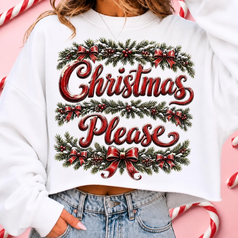 Image of Christmas Please PNG, Vintage Christmas Bow Sublimation, Evergreen Holiday Shirt Design, Retro Xmas Digital Download