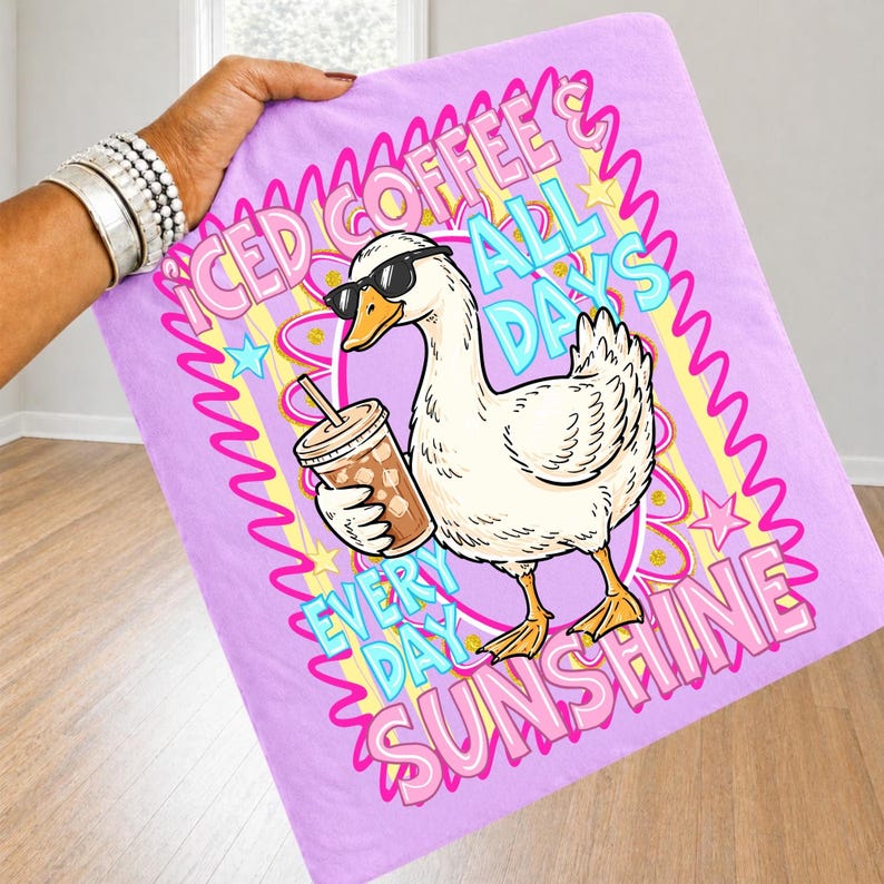 Playful Goose with Iced Coffee and Retro Stripes PNG Design
