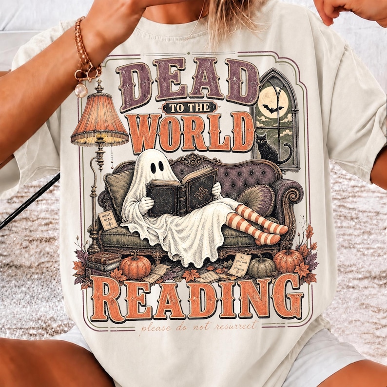 Ghost reader design on a cozy fall t-shirt