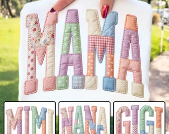 Patchwork Floral Mama PNG Bundle, Grandma Core Faux Embroidered Mom Shirt Design, Varsity Mother's Day PNG, Preppy Cottagecore Sublimation