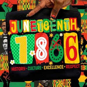 May include: A black t-shirt featuring the text JUNETEENTH in colorful, textured block letters above the large numbers 1866. Below, the words HISTORY, CULTURE, EXCELLENCE, and RESPECT are printed in red, green, and yellow against the black fabric.