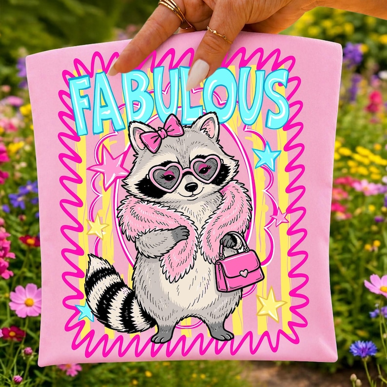 A close-up of the Feral Raccoon PNG design, showcasing the raccoon with a diamond necklace, pink neon stripes, and