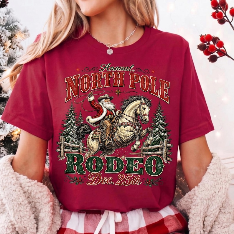 May include: A maroon short-sleeve t-shirt featuring a graphic of Santa Claus riding a horse with a lasso. The text reads Annual NORTH POLE RODEO Dec. 25th. The design includes two pine trees, a wooden fence, and decorative holly accents.