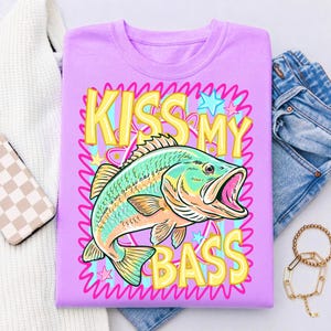 Preppy Kiss My Bass Fish PNG Trendy Summer Beach Fishing Design Colorful Pink Summer Vibes Lake Life PNG Sublimation Graphic image 9