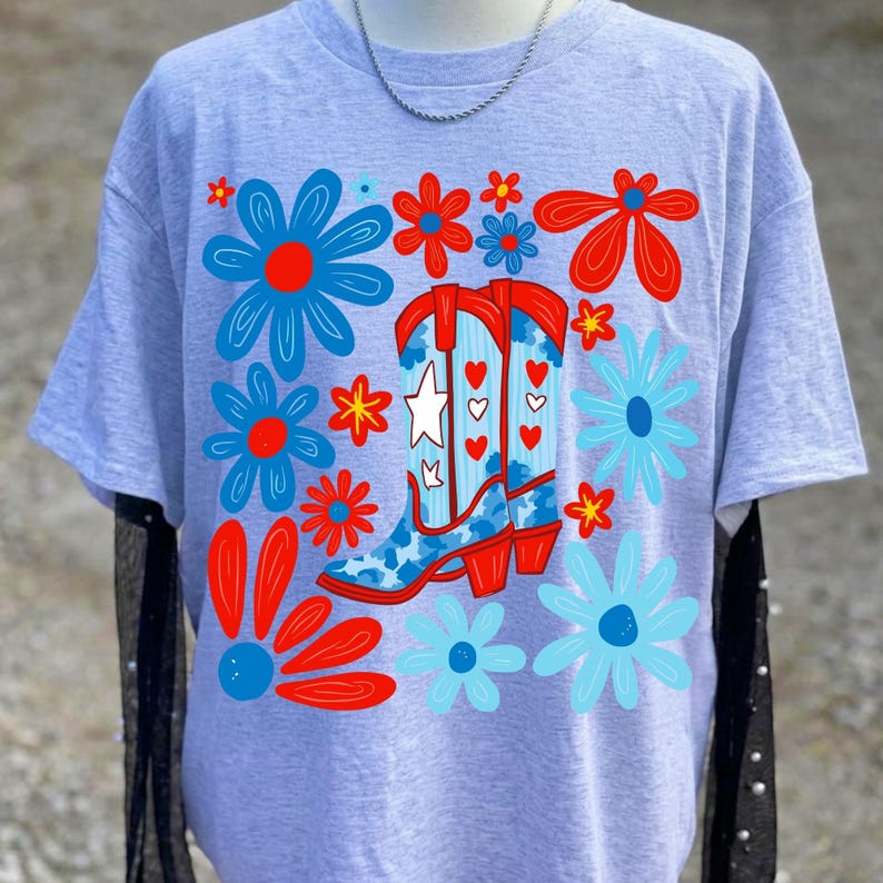 Image of Boho Floral Boots Patriotic PNG Sublimation Design, 4th of July T-Shirt Graphic, American Flag Brushstroke Stripes Clipart File