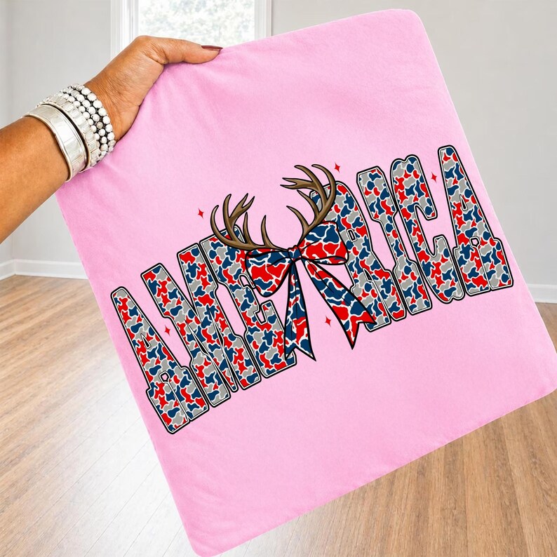 Examples of custom apparel and gifts made with the Girly USA Red White Blue Camo PNG design.