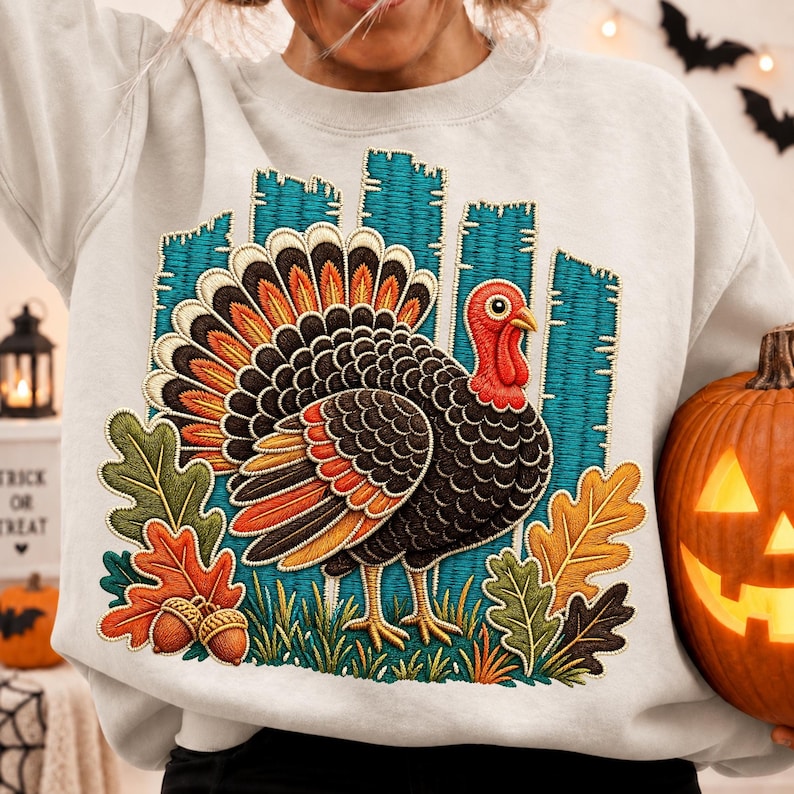Image of Thanksgiving Turkey PNG, Vintage Embroidery Style Turkey, Fall Leaves Sublimation, Autumn Shirt Design, Digital Download