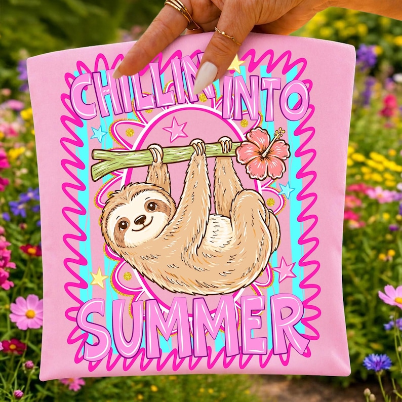 Mockup showing the Cute Preppy Striped Sloth sublimation design on a t-shirt, ideal for Last Day of School or summer crafting projects.