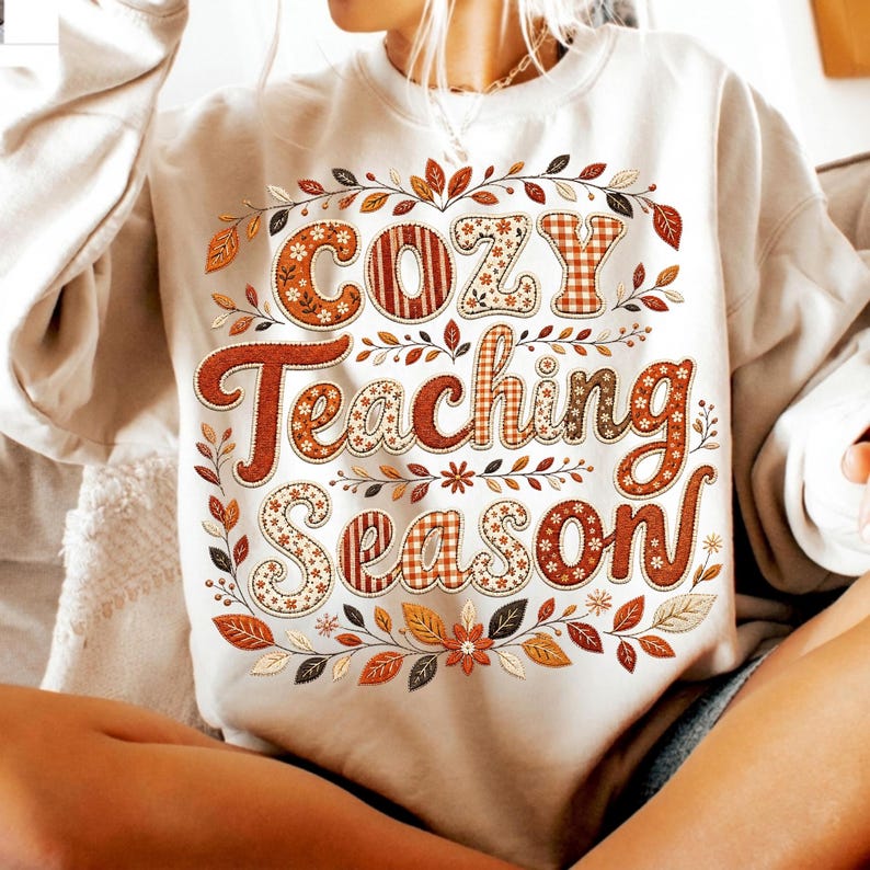 Image of Cozy Teaching Season PNG, Fall Teacher Sublimation, Retro Patchwork Autumn Teacher Shirt Design, Digital Download