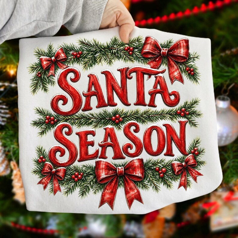 Image of Santa Season PNG, Red Plaid Bow Christmas Sublimation, Evergreen Holly Holiday Shirt Design, Vintage Christmas Digital Download