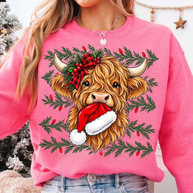 Image of Highland Cow Christmas PNG, Santa Hat Western Cow Sublimation, Coquette Cowgirl Holiday Digital Download