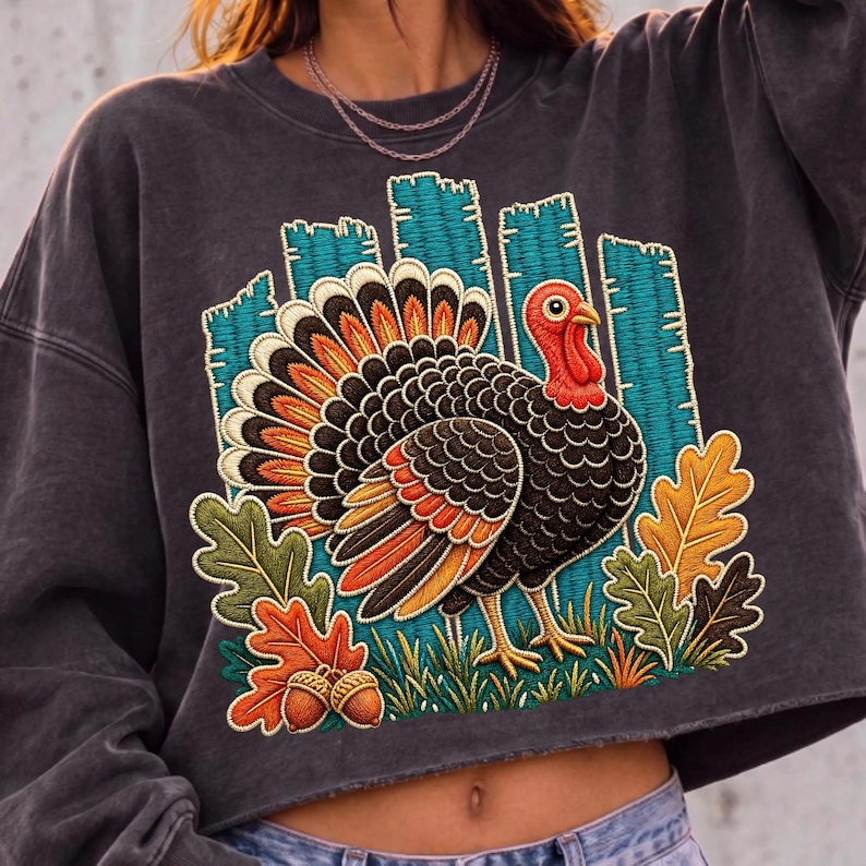 Image of Thanksgiving Turkey PNG, Vintage Embroidery Style Turkey, Fall Leaves Sublimation, Autumn Shirt Design, Digital Download