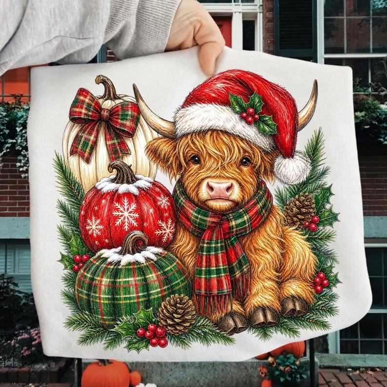 Festive Highland Cow with Tartan Pumpkin Digital Design