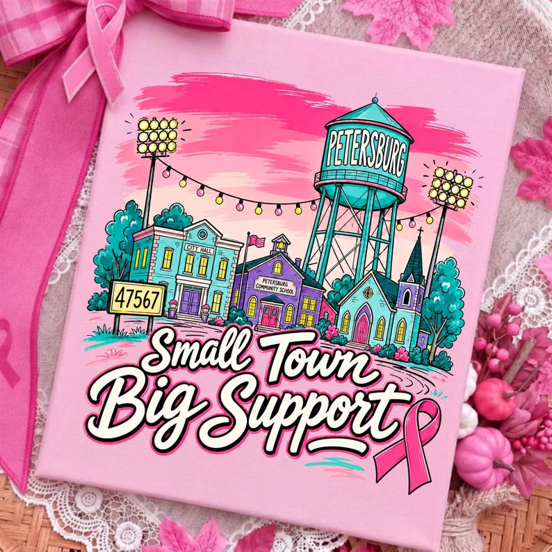 May include: A square pink canvas featuring a colorful illustration of a small town with a water tower labeled Petersburg, a city hall, and a school. The text reads Small Town Big Support with a pink ribbon symbol and the number 47567 on a sign.