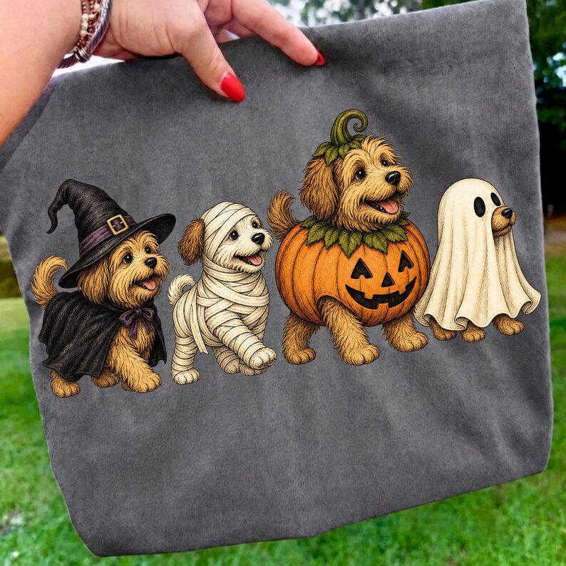 Image of Halloween Golden Doodle PNG, Doodles in Costumes Sublimation, Cute Fall Dog Digital Download