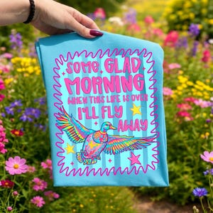 Pu&ograve; includere: Una t-shirt azzurra con un'anatra multicolore in volo. La grafica include il testo 'SOME GLAD MORNING WHEN THIS LIFE IS OVER I'LL FLY AWAY' in rosa, circondato da un bordo rosa ondulato e da piccole stelle gialle e rosa.
