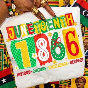 May include: A white t-shirt featuring the text JUNETEENTH in red, yellow, and green letters. Below, the number 1866 is displayed in large, colorful, patterned digits. The words HISTORY, CULTURE, EXCELLENCE, and RESPECT are printed at the bottom.