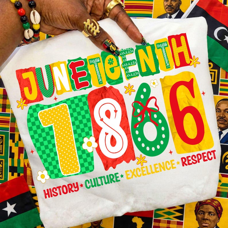 Mockup of a t-shirt featuring the Juneteenth 1865 PNG Bundle design, perfect for Black History celebrations.
