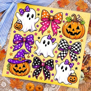 May include: A square yellow sheet featuring a repeating pattern of white ghosts with purple bows, orange pumpkins with green stems, and decorative bows in various patterns including polka dots, checkered prints, and solid purple with stars.