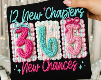 Latch Hook Faux Yarn 12 New Chapters PNG, Crochet Happy New Year 2026 Sublimation, Pink Teal Sequins Coquette Bow Trendy Design