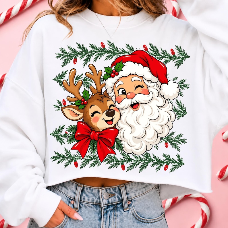 Santa and Reindeer Christmas sublimation design on a white t-shirt