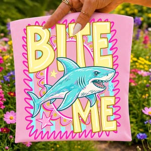 Bite Me Shark PNG Funny Summer Beach Design Coastal Striped Aesthetic Trendy Shark Graphic Sublimation DTF Digital File Preppy Summer Shirt image 1