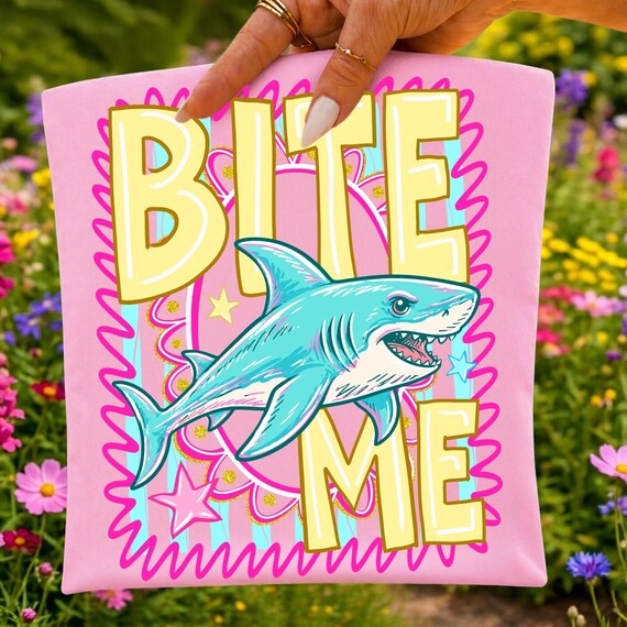 Bite Me Shark PNG Funny Summer Beach Design Coastal Striped Aesthetic Trendy Shark Graphic Sublimation DTF Digital File Preppy Summer Shirt