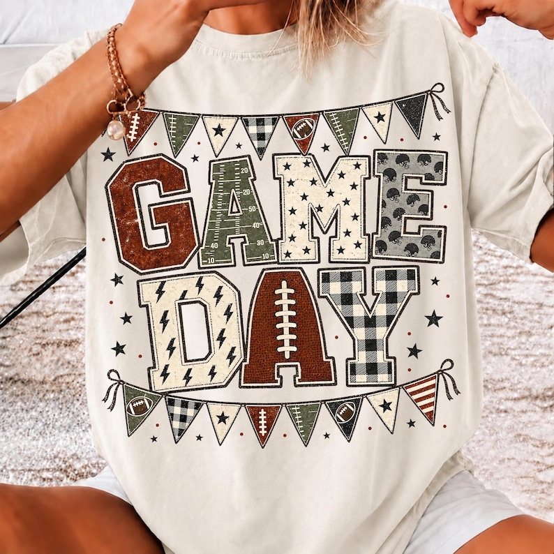 Image of Game Day Football PNG, Retro Patchwork Football Sublimation, Preppy Game Day Shirt Design, Sports Mom Digital Download