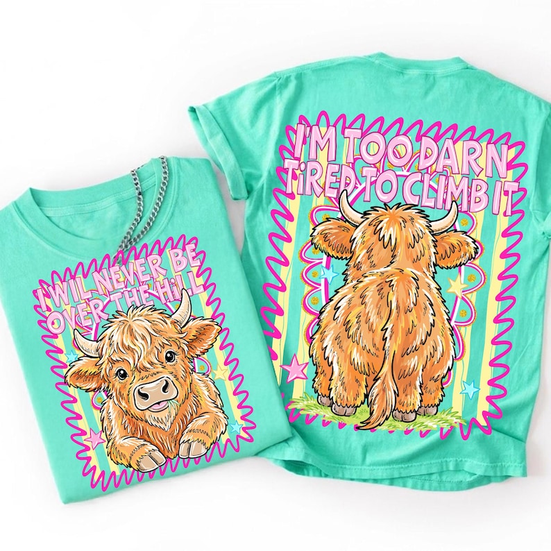 Girly Preppy Neon Highland Cow Sublimation Graphic Close Up