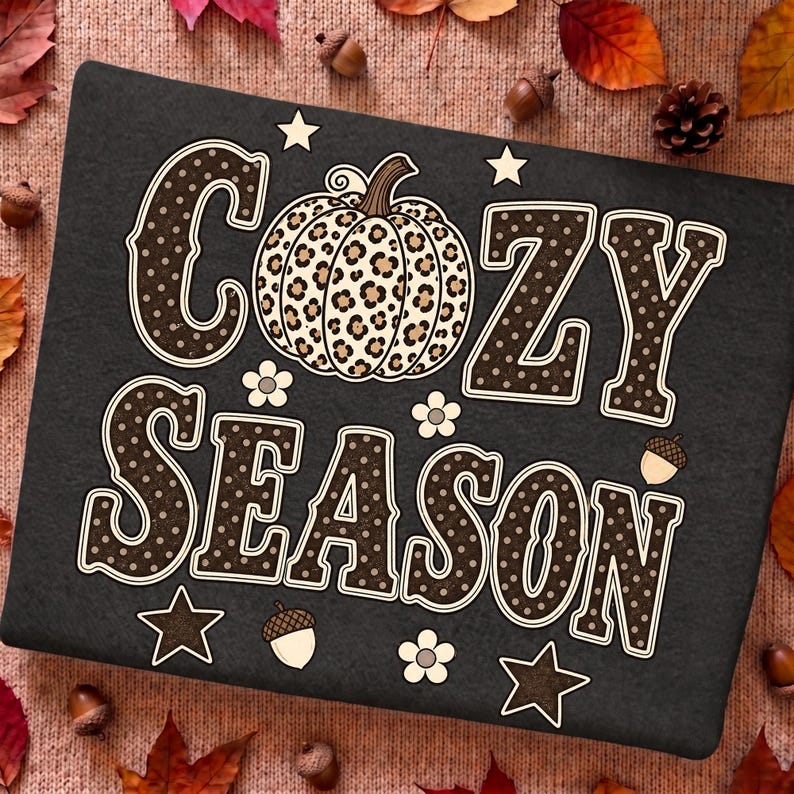 Image of Cozy Season PNG, Leopard Pumpkin Fall Sublimation, Retro Autumn Shirt Design, Cute Thanksgiving Digital Download