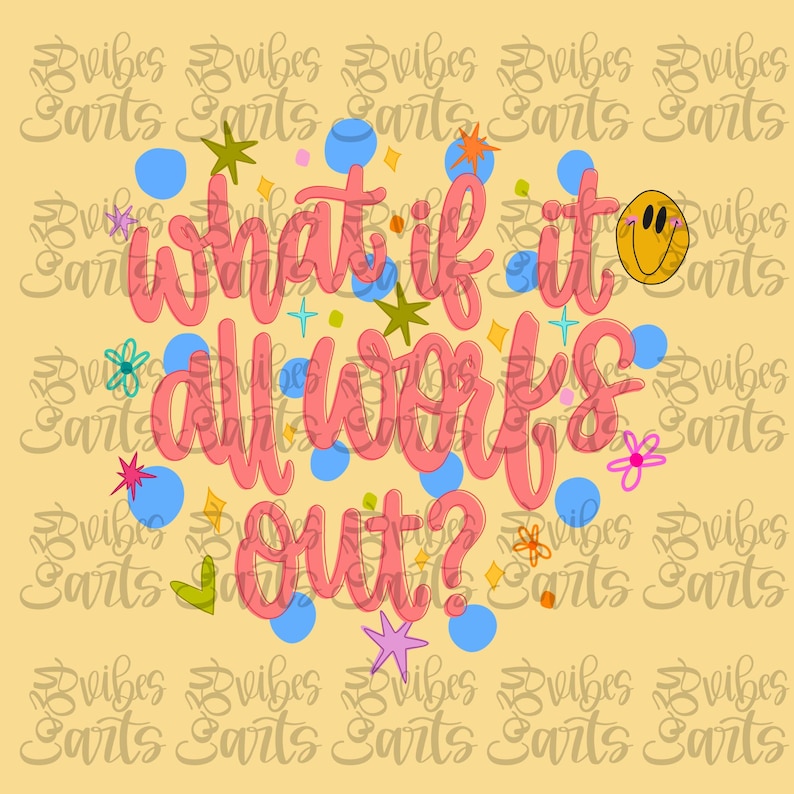 Close-up of the 'What If It All Works Out' retro daisy smiley face graphic, highlighting the vibrant colors and detailed design.