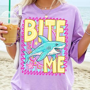 Bite Me Shark PNG Funny Summer Beach Design Coastal Striped Aesthetic Trendy Shark Graphic Sublimation DTF Digital File Preppy Summer Shirt image 7