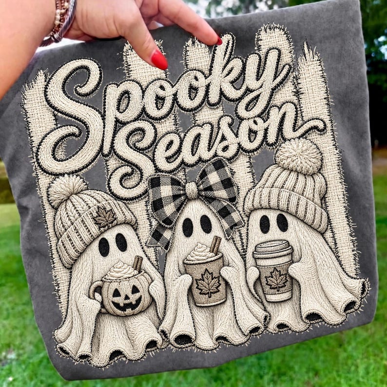 Retro Spooky Season Ghost PNG design on a cozy fall coffee shirt