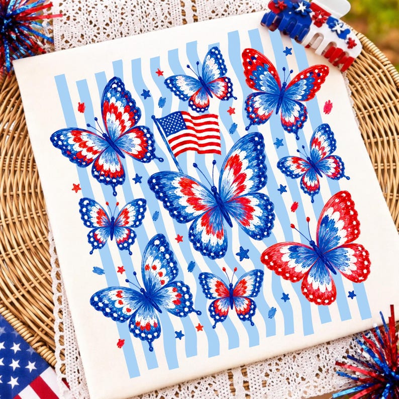 Floral American Flag Butterfly PNG Sublimation Design