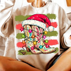 Julcowboystövlar PNG, western semester sublimering, jultomtehatt cowgirl jul PNG, festlig digital nedladdning bild 7