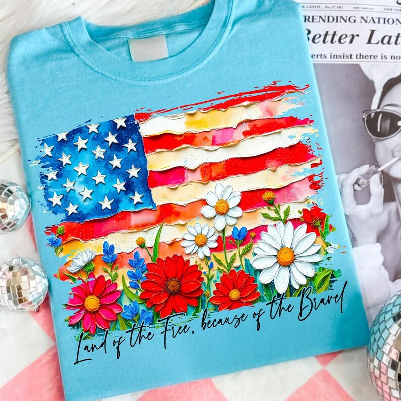 Patriotic Botanical Watercolor Flower Flag DTF T-Shirt Clipart