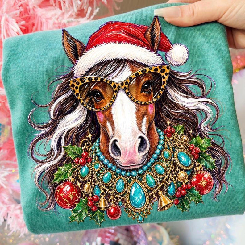 May include: A teal t-shirt featuring a graphic illustration of a brown horse wearing a red and white Santa hat, leopard print cat-eye glasses, and an elaborate turquoise and gold statement necklace adorned with red Christmas ornaments and holly.