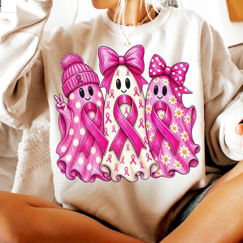 Image of Halloween Breast Cancer Awareness Ghosts PNG, Pink Ribbon Ghost Sublimation, Spooky October Digital Download