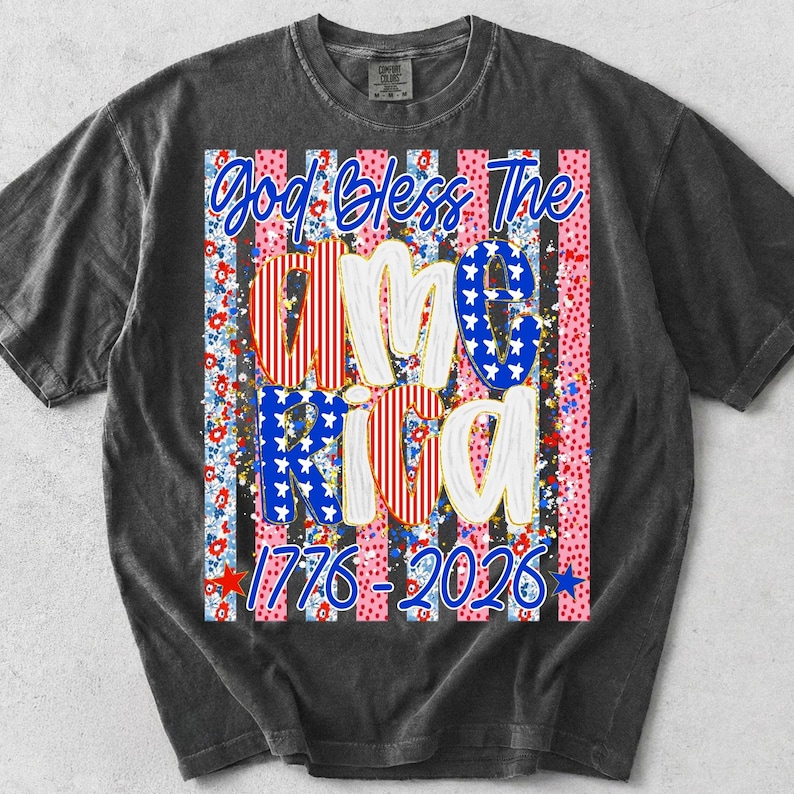 Image of God Bless USA PNG Girly Faith Patriotic Design Dainty Stripes Sublimation File 4th of July Christian American Flag T-Shirt DTF Graphic